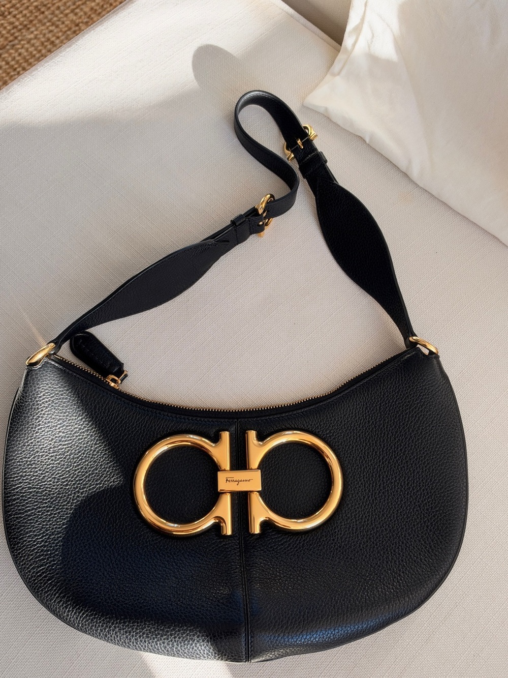 Salvatore Ferragamo Black Leather Shoulder Bag with Gold Gancini